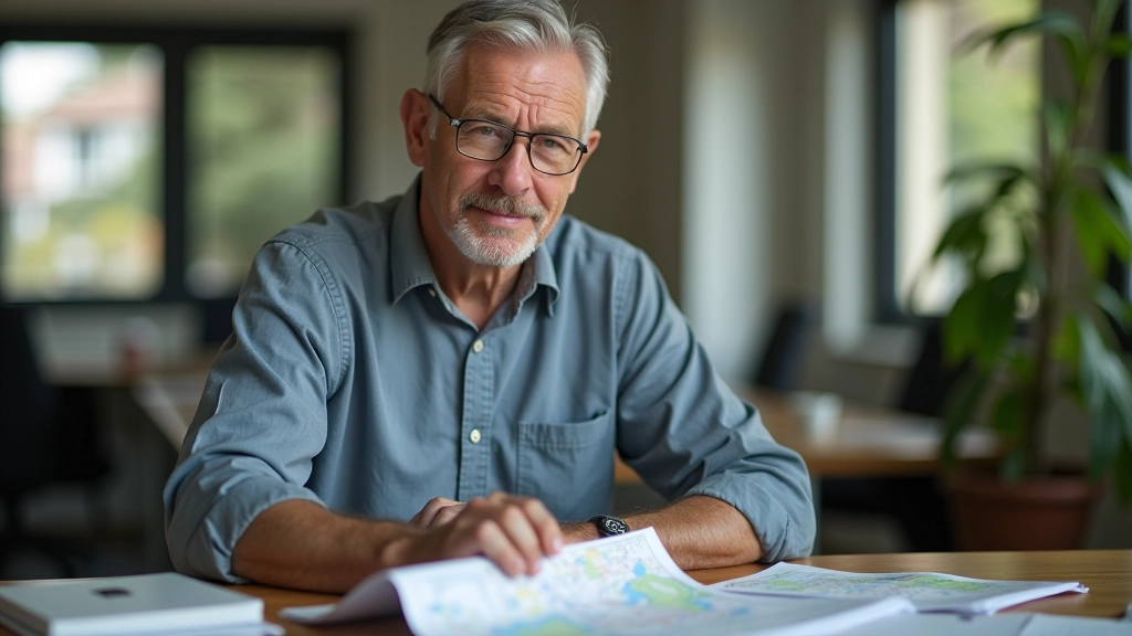 Jaroslav Procházka při práci na redakci článků o pěších trasách, moderní kancelář s přehledem map a poznámkami