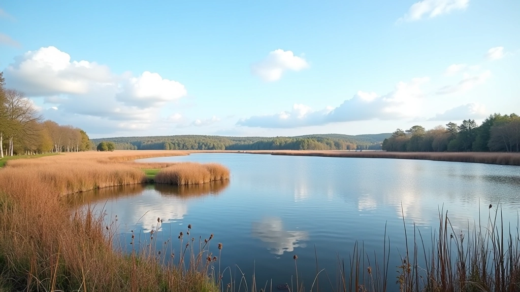 Panoramatický pohled na rozsáhlý rybník se břehovou vegetací a oblohou