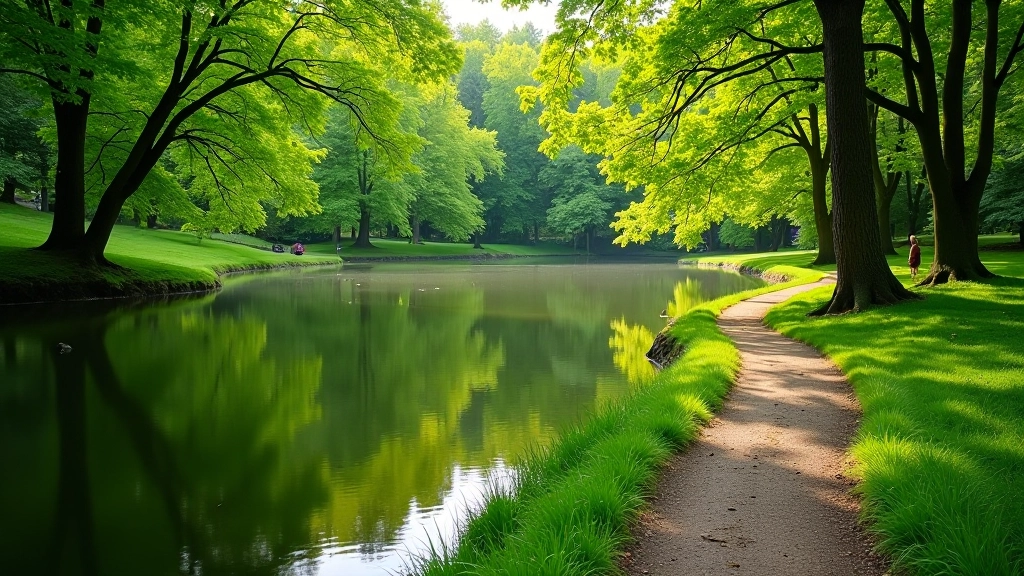 Krásná pěší trasa kolem rybníku s reflexí stromů ve vodě